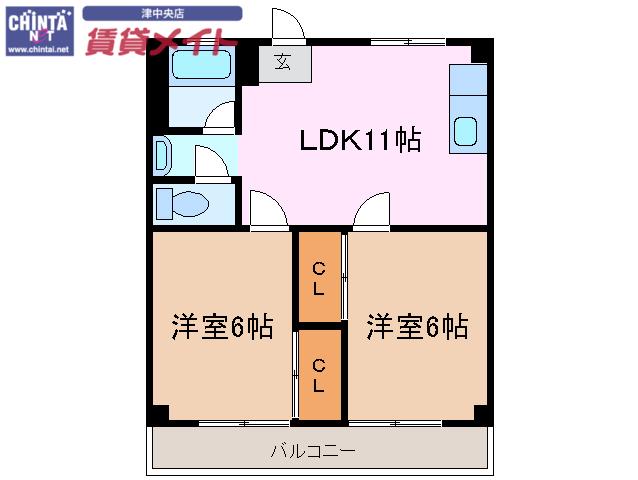 津INCOURT練木(2LDK/2階)の間取り写真