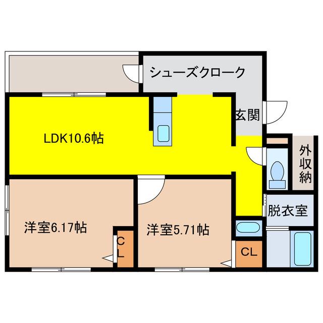 沖縄県宜野湾市 3階建 築1年(2LDK/1階)の間取り写真