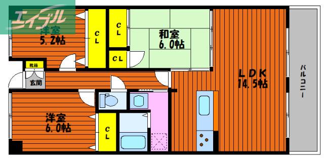 スカイパレス高柳(3LDK/4階)の間取り写真