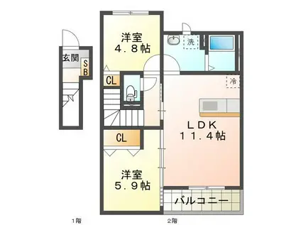 ベルシーナ鈴鹿A(2LDK/2階)の間取り写真