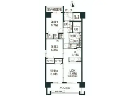 レシオ安堂寺(3LDK/8階)の間取り写真