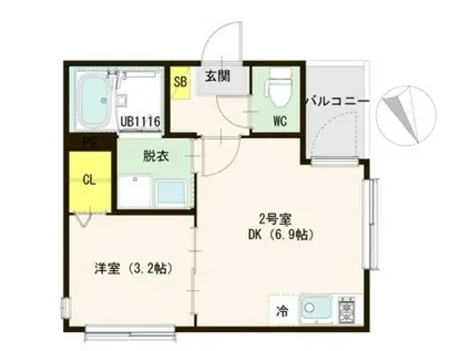 ソレイユテラス福室(1DK/2階)の間取り写真