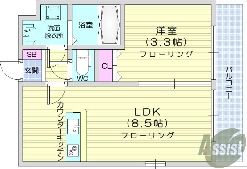 南鍛冶町AP B棟(1LDK/2階)の間取り写真