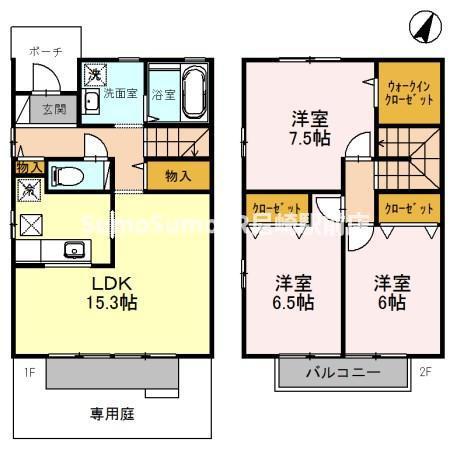 朝山タウンハウスB棟(3LDK/1階)の間取り写真