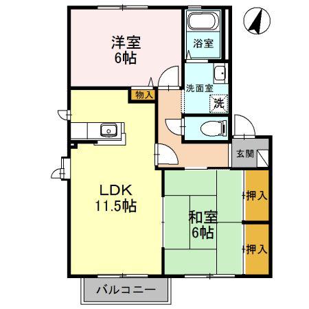 ハーモニーハイツ A棟(2LDK/2階)の間取り写真