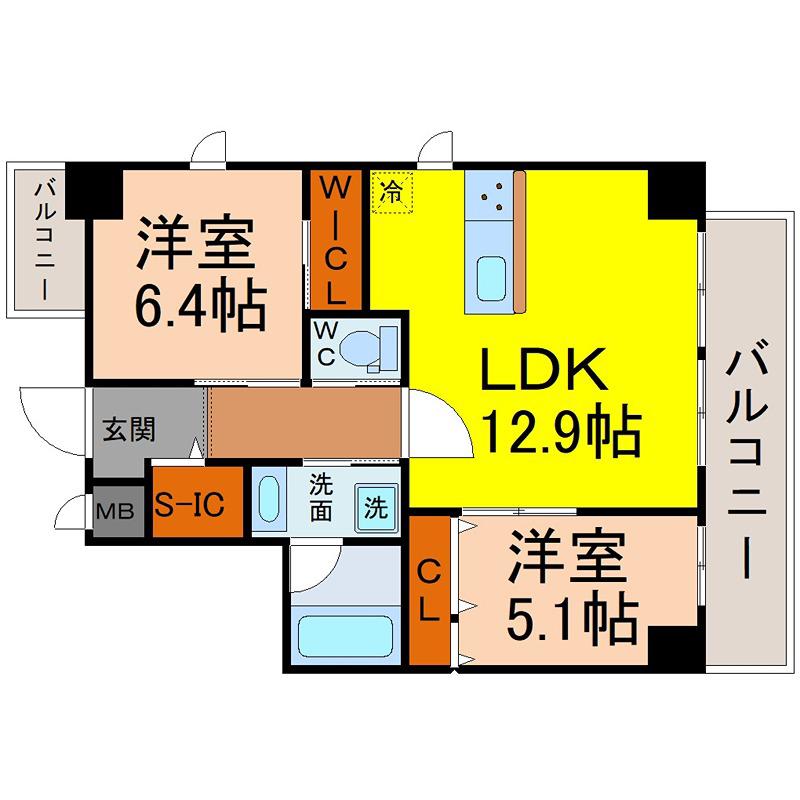 ポルタニグラ大須観音(2LDK/2階)の間取り写真