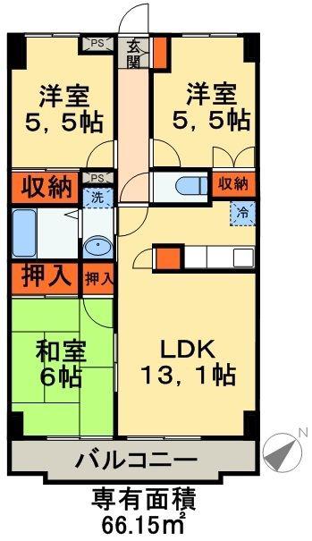 サンライズヒル朝日ヶ丘B棟(3LDK/1階)の間取り写真