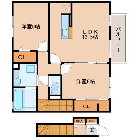 ボヌール エム(2LDK/2階)の間取り写真