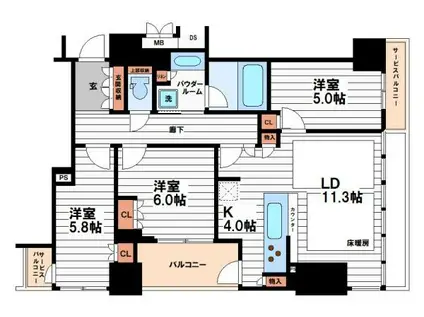 ローレルタワー御堂筋本町(3LDK/3階)の間取り写真