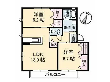 クレール六反 II棟(2LDK/2階)の間取り写真