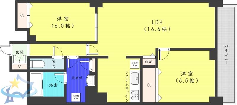PRIME URBAN札幌 RIVER FRONT(2LDK/26階)の間取り写真