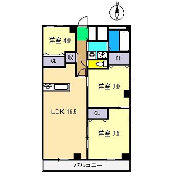 ヴュー鏡川(3LDK/5階)の間取り写真