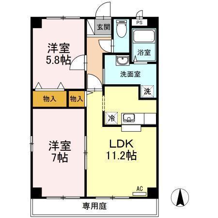 ウィルコート伏石C(2LDK/1階)の間取り写真