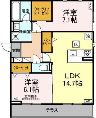 セレスティア長良 ウエスト(2LDK/1階)の間取り写真