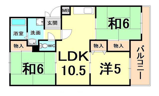 サニーハイツ高台B棟(3LDK/2階)の間取り写真