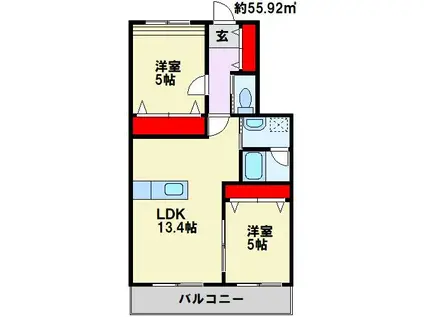 医生ヶ丘ヴァレンシア B棟(2LDK/3階)の間取り写真