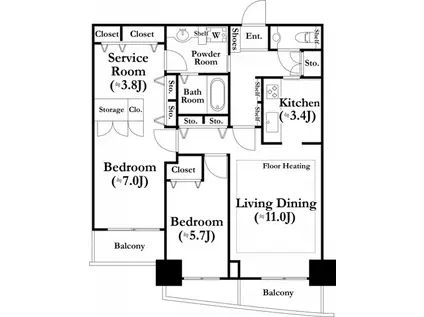 河田町ガーデン(2SLDK/16階)の間取り写真