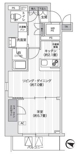 PRIMAL GOTANDA プライマル五反田(1LDK/9階)の間取り写真