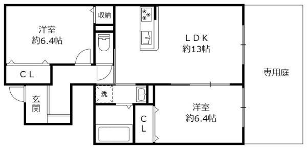 グランフローラ 行畑(2LDK/1階)の間取り写真