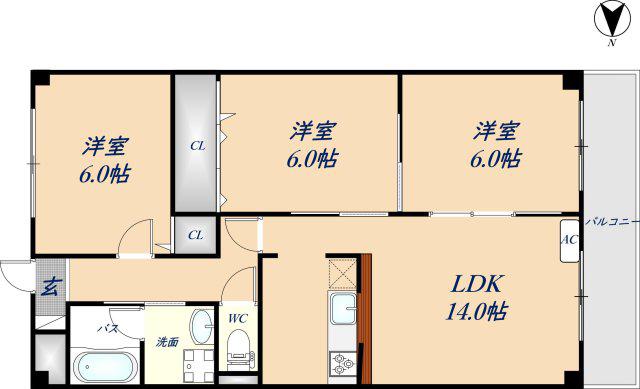 ヒルズ東大阪(3LDK/1階)の間取り写真