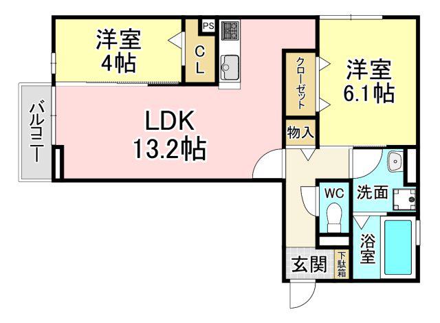 シェルフ宮丸 A棟(2LDK/1階)の間取り写真