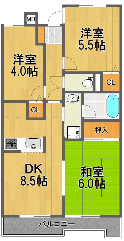 日神パレステージ福生(3DK/4階)の間取り写真
