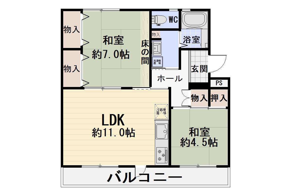 六浦台団地2号棟(2LDK/5階)の間取り写真