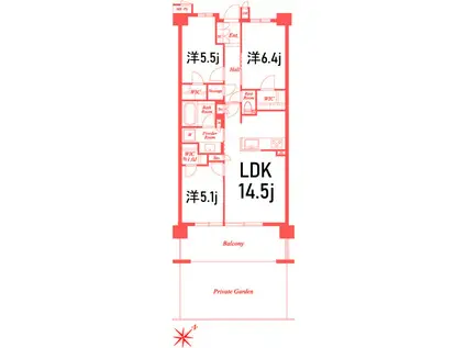 ザ・ケンジントン・レジデンス横濱片倉(3LDK/1階)の間取り写真