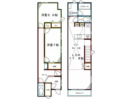 国立テラスハウス(2LDK/1階)の間取り写真