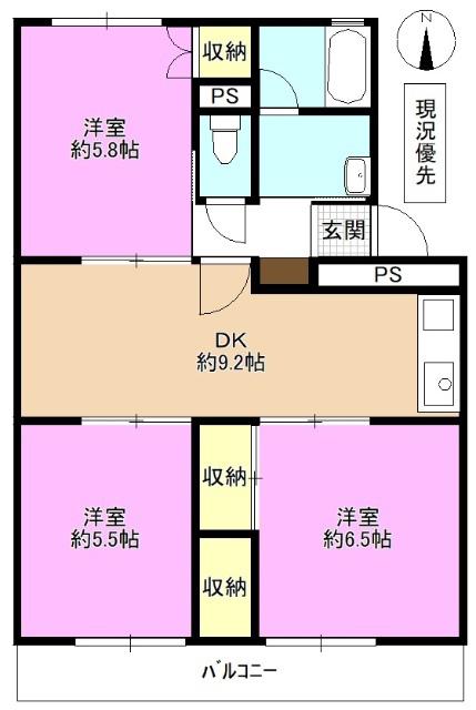 ペアシティーA棟(3DK/2階)の間取り写真