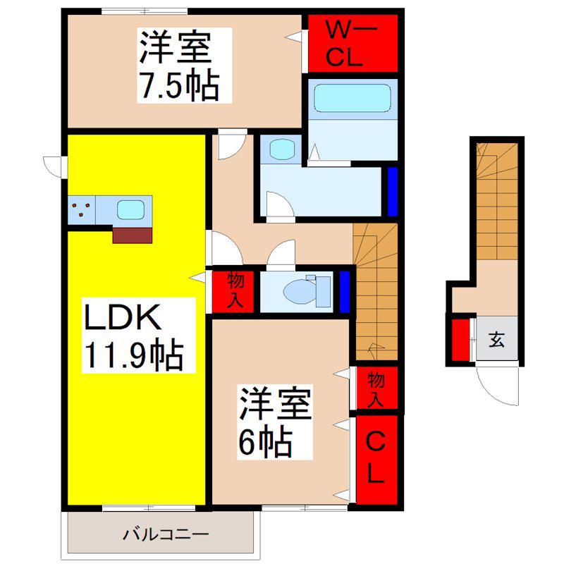 サンモール A棟(2LDK/2階)の間取り写真