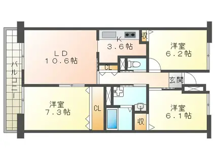 県営伊川谷第2高層2号棟(3LDK/9階)の間取り写真