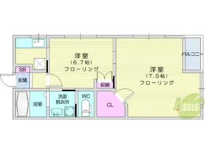 エスベランサ鈎取(2K/2階)の間取り写真