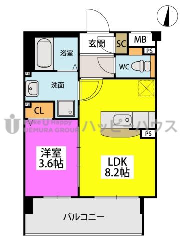 グランソレイユ大橋(1LDK/4階)の間取り写真