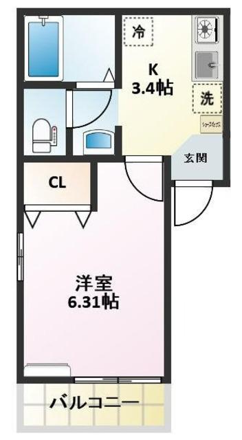 ベルフローラ(1K/2階)の間取り写真