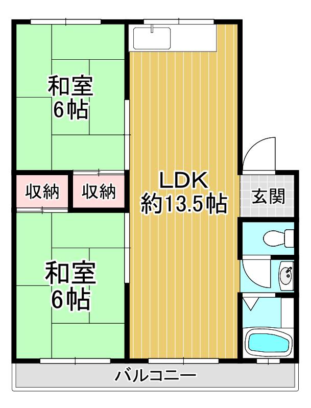 近鉄奈良線 八戸ノ里駅 徒歩6分 4階建 築54年(2LDK/4階)の間取り写真