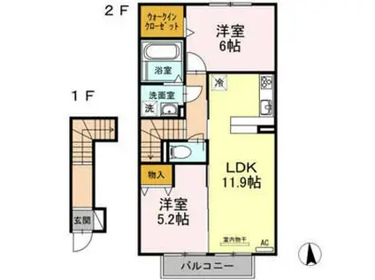 ラフィーネ・デュオII A棟(2LDK/2階)の間取り写真