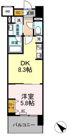 ウィスタリアレジデンス博多(1DK/10階)の間取り写真