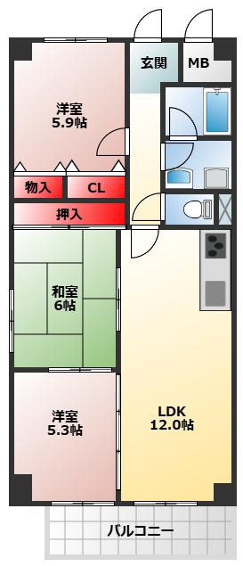 リーヴァ三日市(3LDK/4階)の間取り写真