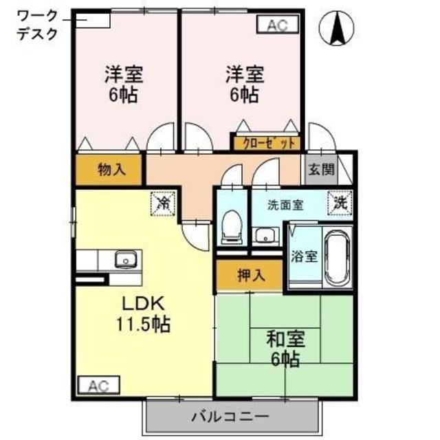 ハイツミモザA棟(3LDK/2階)の間取り写真