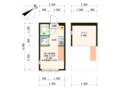 ハーモニーテラス志茂XII(ワンルーム/2階)の間取り写真