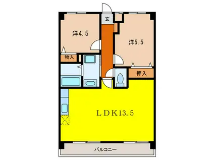 ハイム三味西(2LDK/2階)の間取り写真