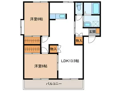 ハイエスト石が口 B棟(2LDK/2階)の間取り写真