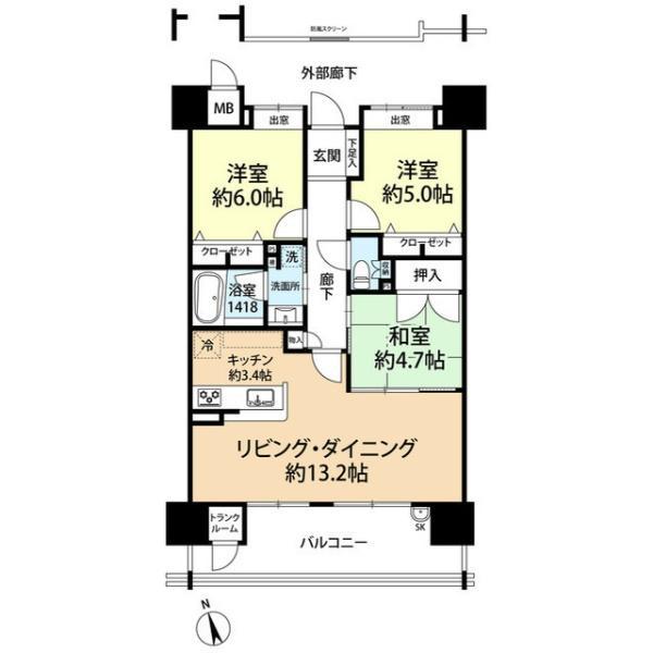 サンリヤン箱崎ウエストコート(3LDK/9階)の間取り写真