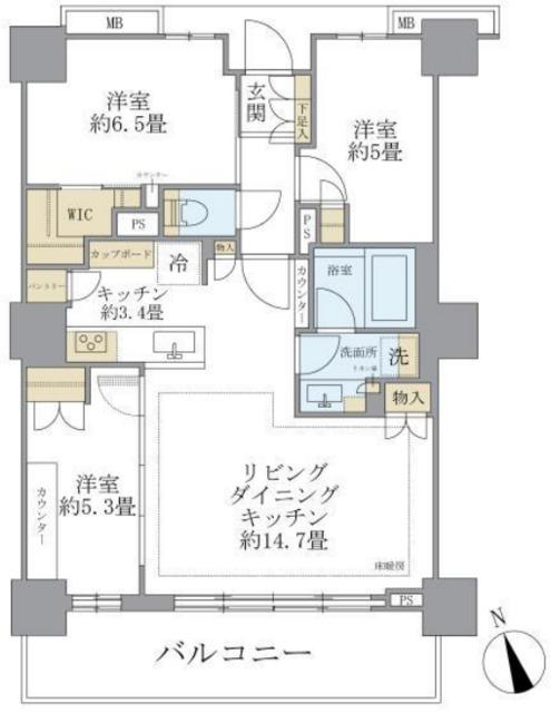 BRILLIA TOWER 聖蹟桜ヶ丘 BLOOMING RESIDE(3LDK/15階)の間取り写真