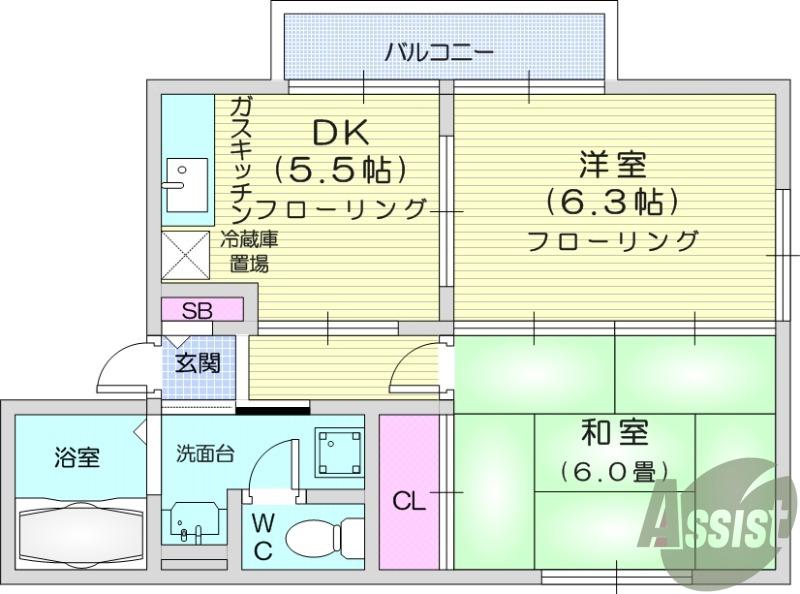 サンルミエールA棟(2DK/1階)の間取り写真