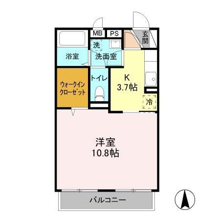 パークハイム長宮II(1K/2階)の間取り写真
