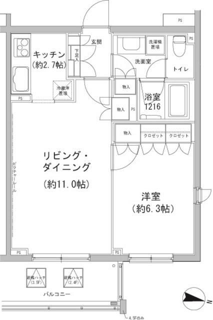 ヒューリックコート雪が谷(1LDK/2階)の間取り写真