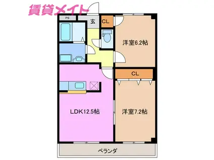 ルシェンテ下之宮(2LDK/1階)の間取り写真