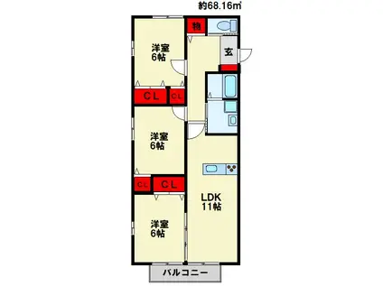 ひびきのハイムA棟(3LDK/2階)の間取り写真